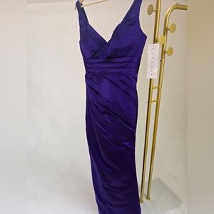 Bill Levkoff Deep Royal Regency Purple Satin Pleated Midi Dress 8 NWT 526